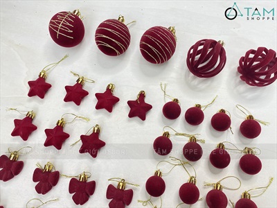 Hộp 35 phụ kiện châu nhung Đỏ phun kim tuyến Vàng [Nhiều kiểu - ĐK 3-6cm] PKT-X-08